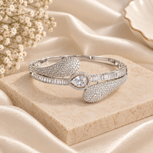 American Diamond Bangle – Rhodium Plated, Fixed Size - Iridescent Gems
