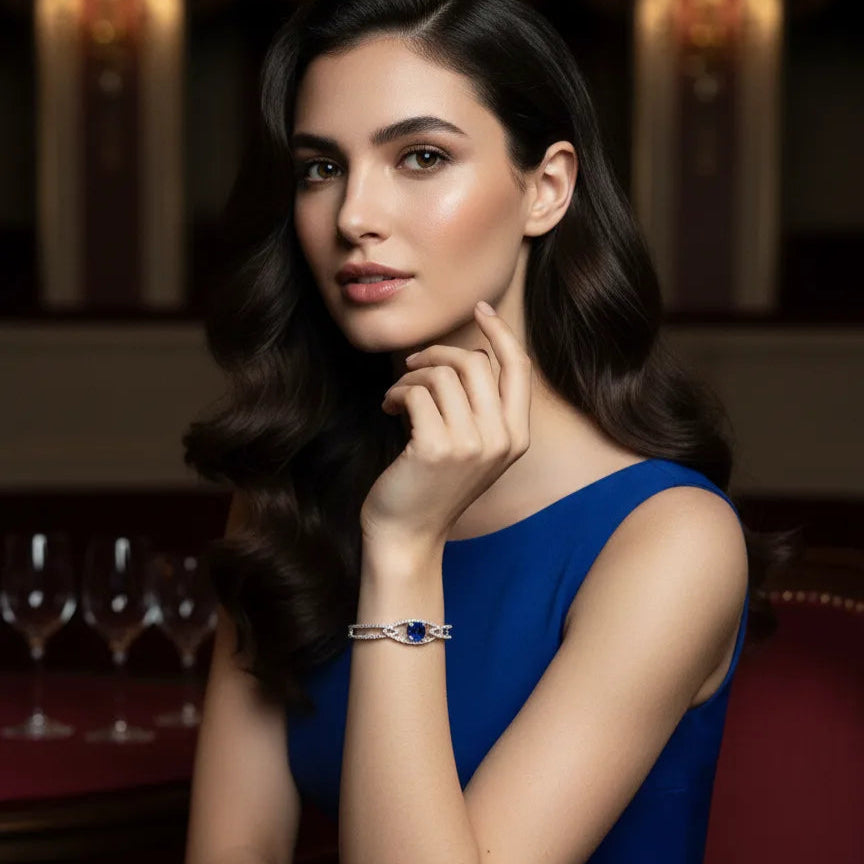 Woman wearing American diamond bracelet with rhodium finish – Iridescent Gems