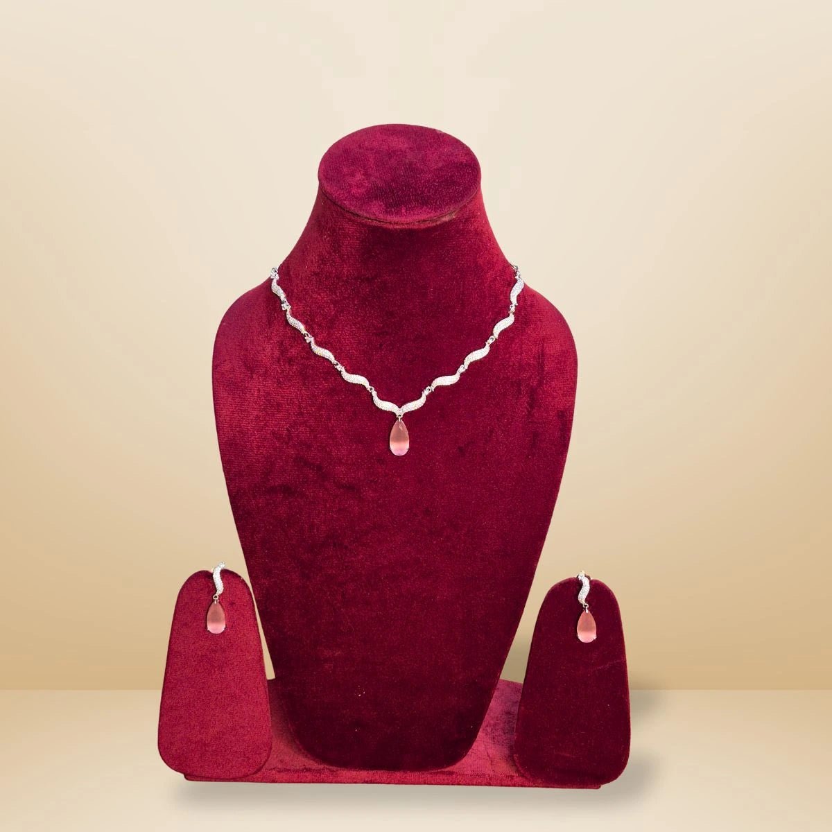 American Diamond Drop Necklace Set – Pink Stone with Wavy Chain - Iridescent Gems