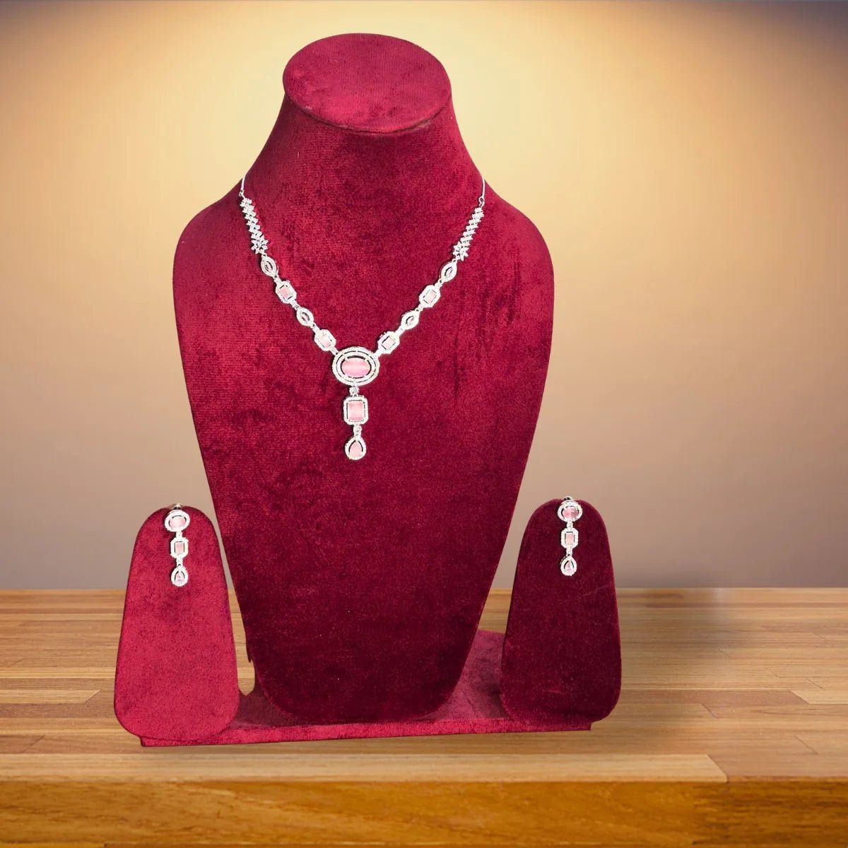 American Diamond Necklace Set – Geometric Pink Stone Choker - Iridescent Gems