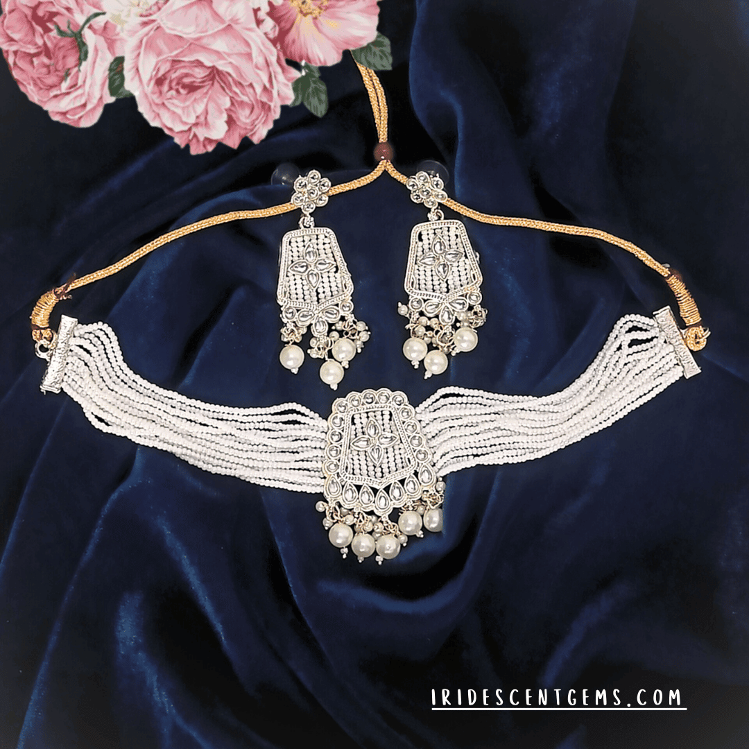 Kundan Necklace Set – Off - White Beads with Hand - Set Pendant - Iridescent Gems