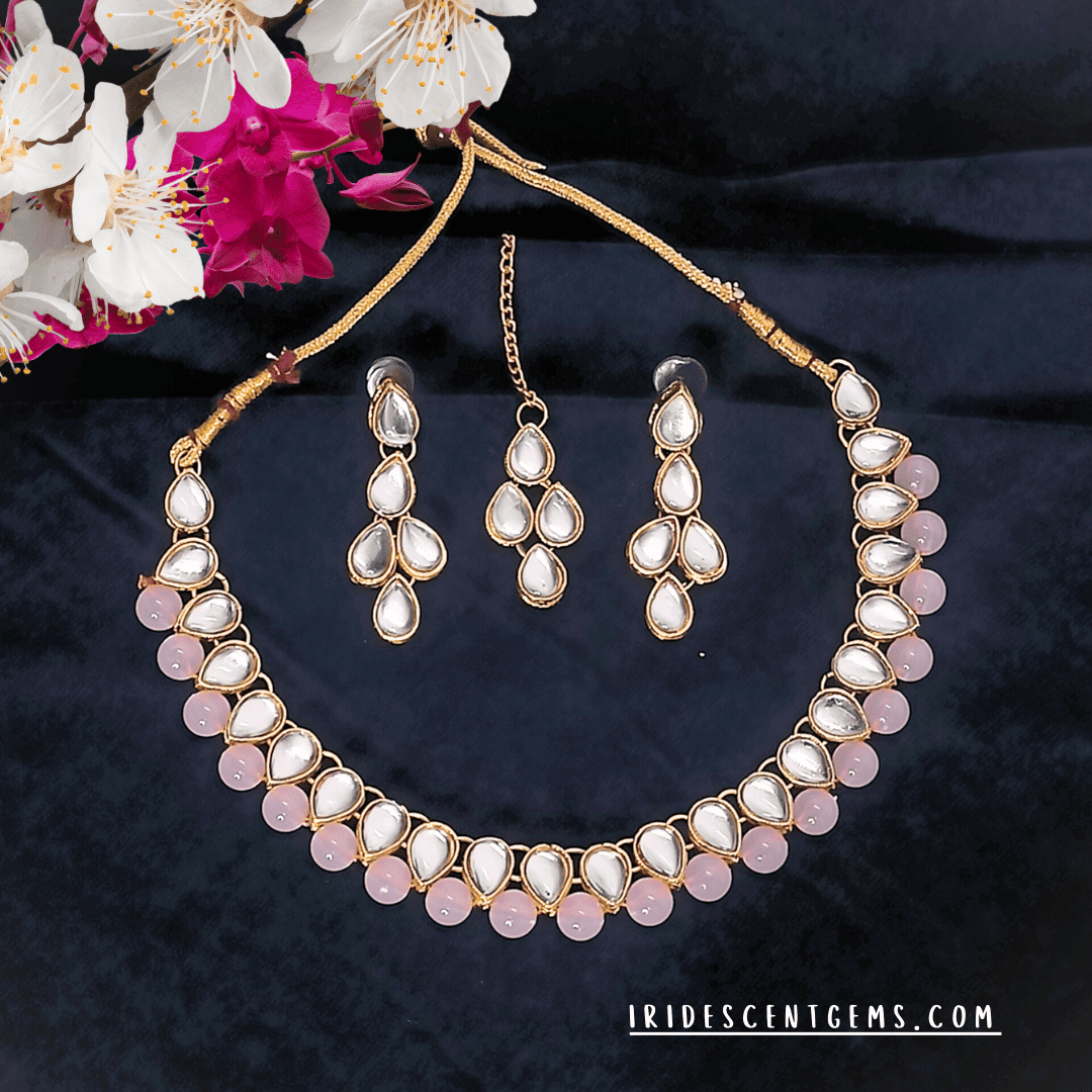 Pearl Kundan Choker Set – White Pearl and Clear Stone Necklace with Maang Tikka - Iridescent Gems