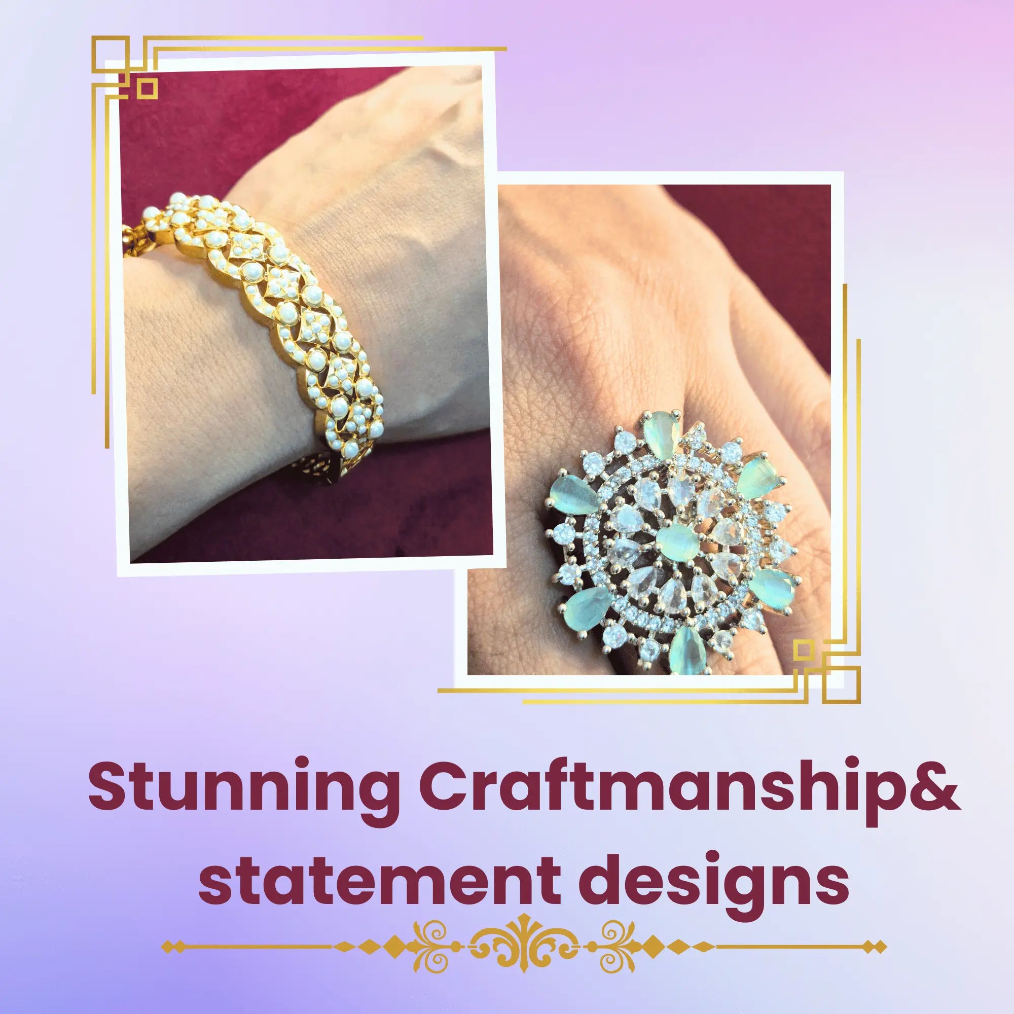 Close-up of American Diamond bracelet and designer statement ring from Iridescent Gems India — handcrafted jewelry for festive occasions and everyday elegance