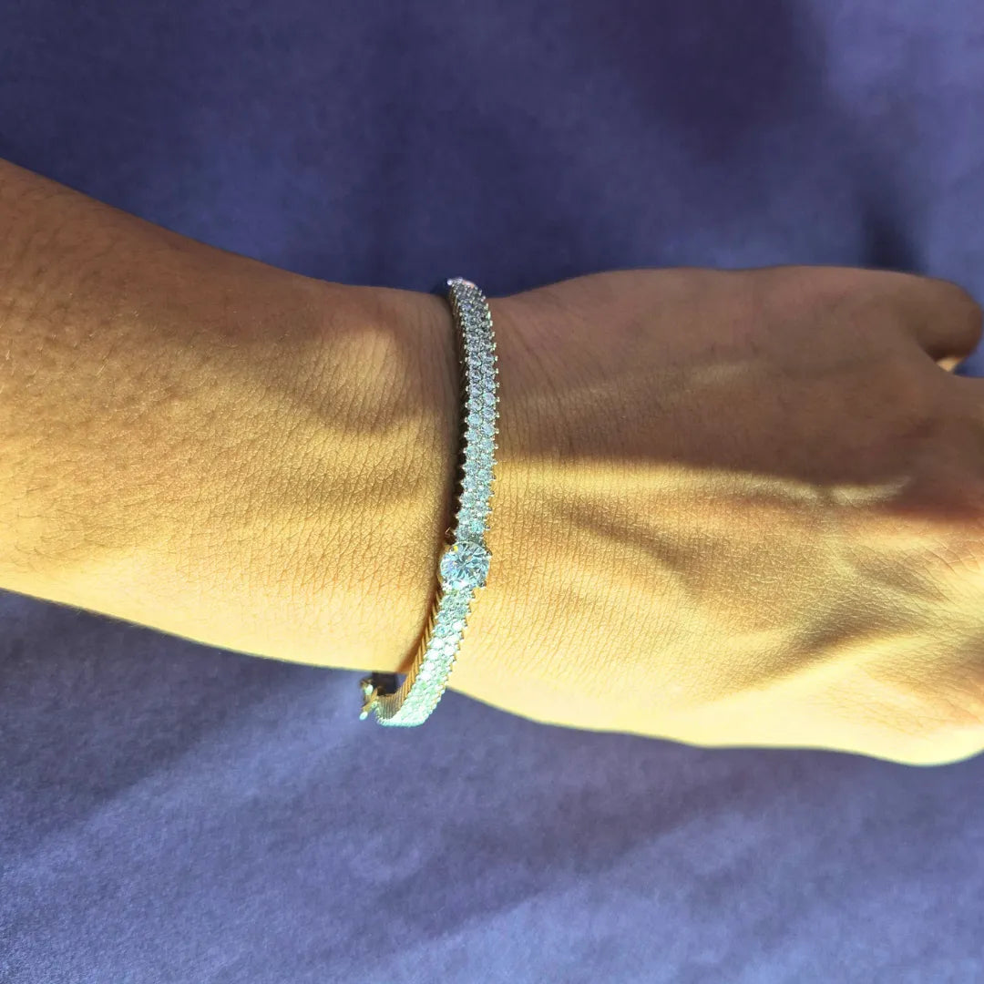 Buy American diamond bangle online, mirror finish, fixed size, sparkling wrist jewelry