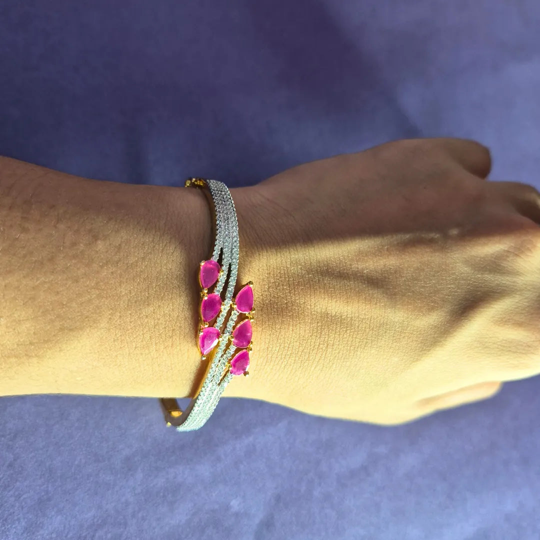 Gold Bracelet for Women – Fixed Size AD Bangle With Pink Stones