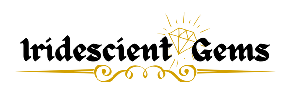 Logo for 'Iridescent Gems' with a diamond symbol on a 