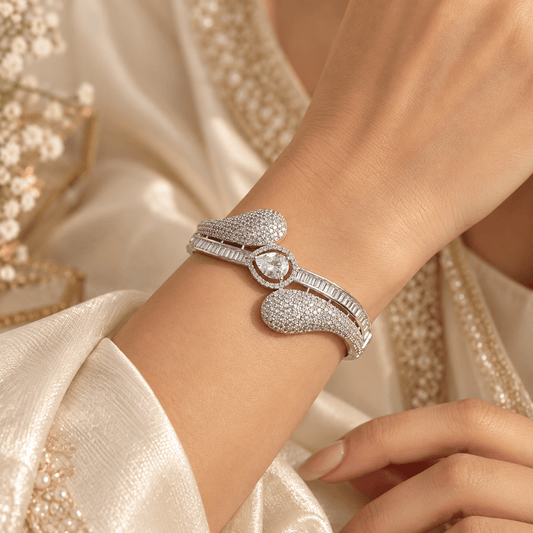 American Diamond Bangle – Rhodium Plated, Fixed Size - Iridescent Gems