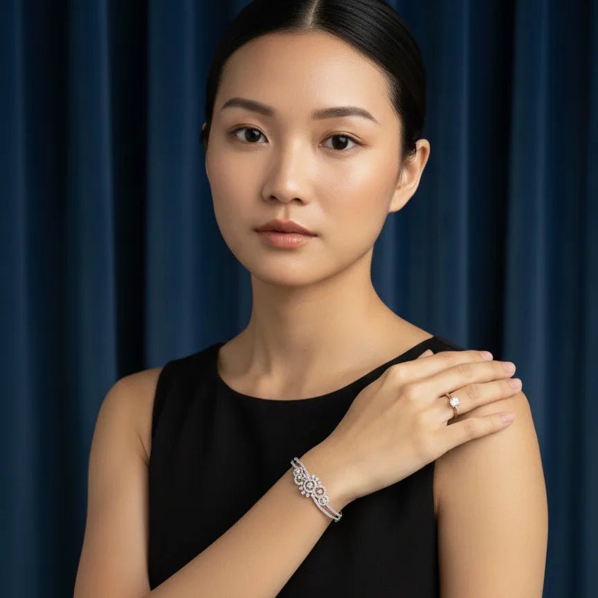 American Diamond Bracelet for Women | Floral CZ Fixed Size Bangle - Iridescent Gems