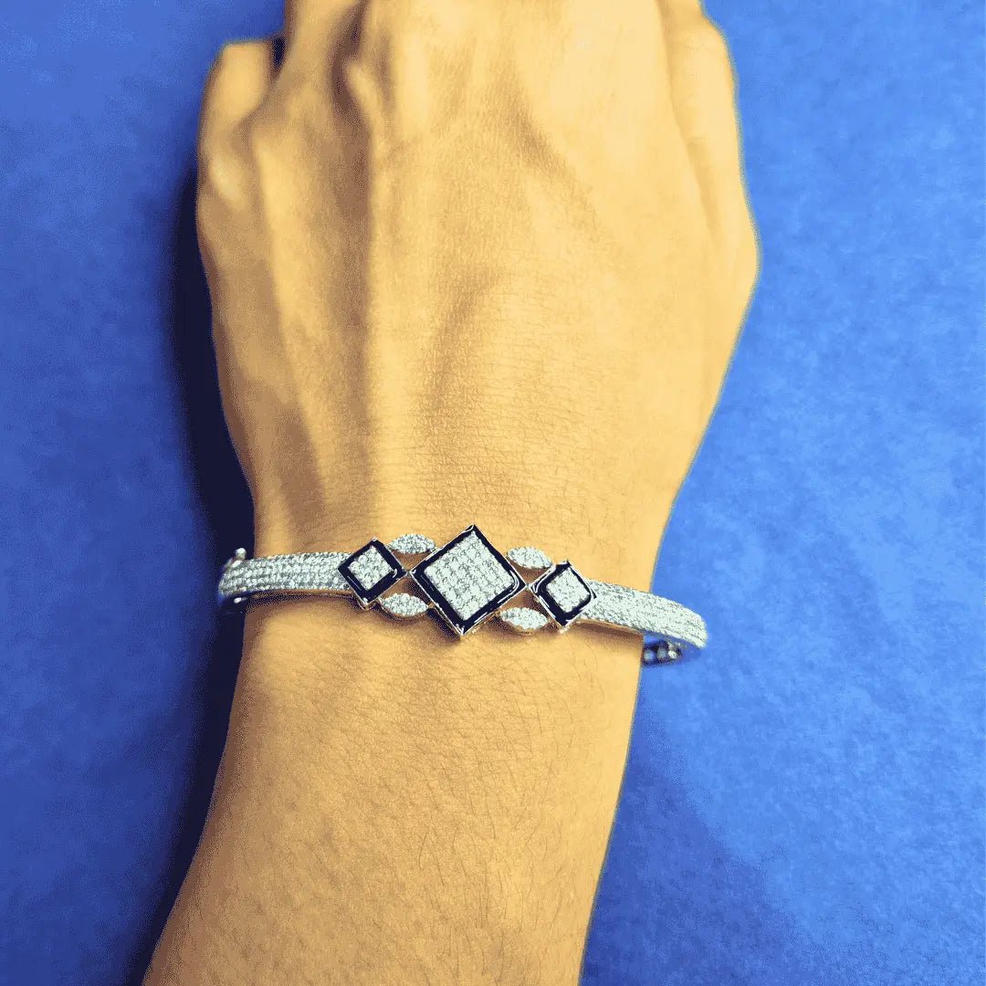 American Diamond Bracelet - Rhodium Plated Silver Geometric Bangle - Iridescent Gems