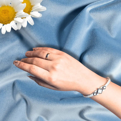 American Diamond Bracelet - Rhodium Plated Silver Geometric Bangle - Iridescent Gems