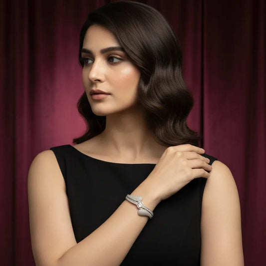 Woman wearing American diamond bracelet  rhodium plated fixed size