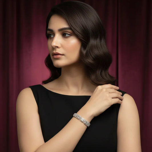 Woman wearing adjustable American diamond bracelet for women by Iridescent Gems
