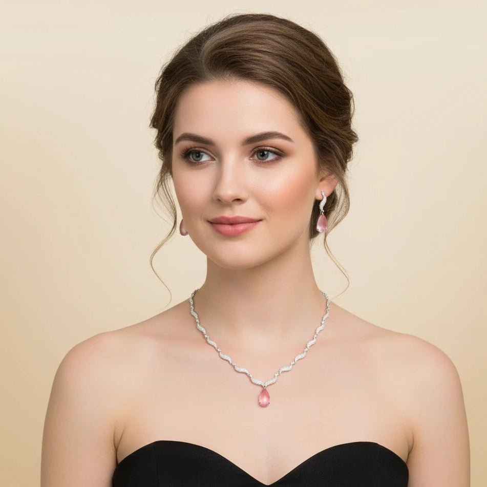 American Diamond Drop Necklace Set – Pink Stone with Wavy Chain - Iridescent Gems
