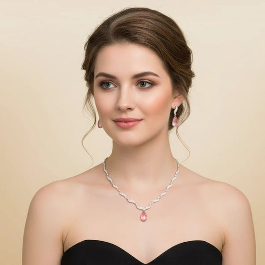 American Diamond Drop Necklace Set – Pink Stone with Wavy Chain - Iridescent Gems