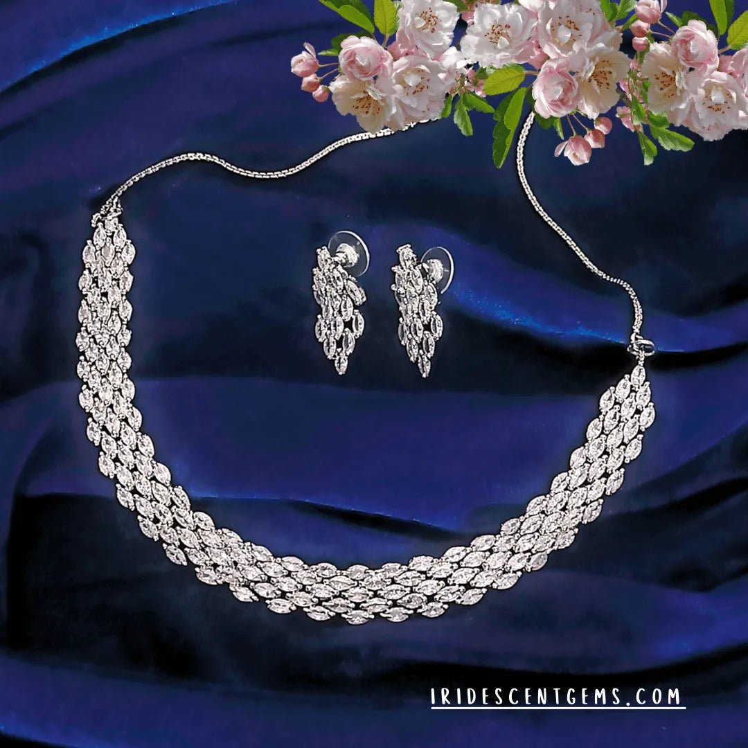 American Diamond Necklace Set – Braided Chain Design with Matching Earrings - Iridescent Gems