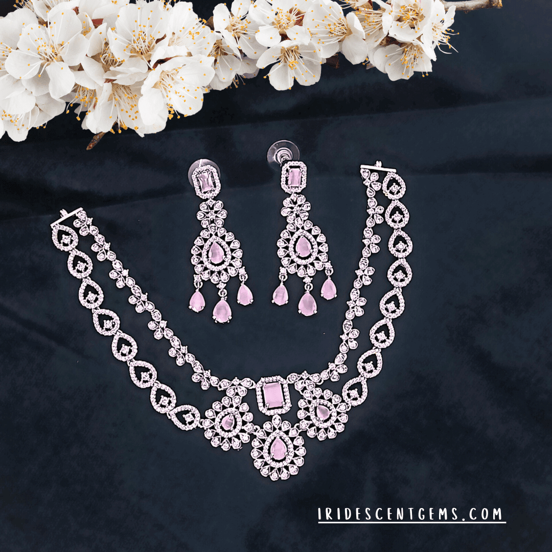 American Diamond Necklace Set – Double - Layer Silver with Ruby Accents - Iridescent Gems