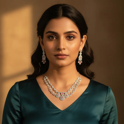 American Diamond Necklace Set – Double - Layer Silver with Ruby Accents - Iridescent Gems