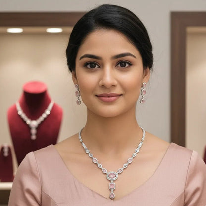 American Diamond Necklace Set – Geometric Pink Stone Choker - Iridescent Gems