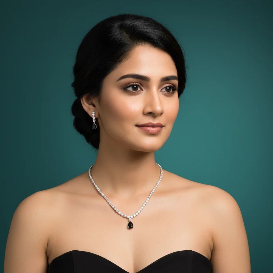 American Diamond Necklace Set – Navy Teardrop with Matching Earrings - Iridescent Gems