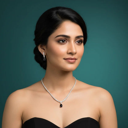 American Diamond Necklace Set – Navy Teardrop with Matching Earrings - Iridescent Gems