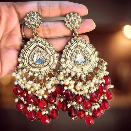 Chandelier Earrings with Kundan – Pearl Drop Red Stone Gold Plated - Iridescent Gems