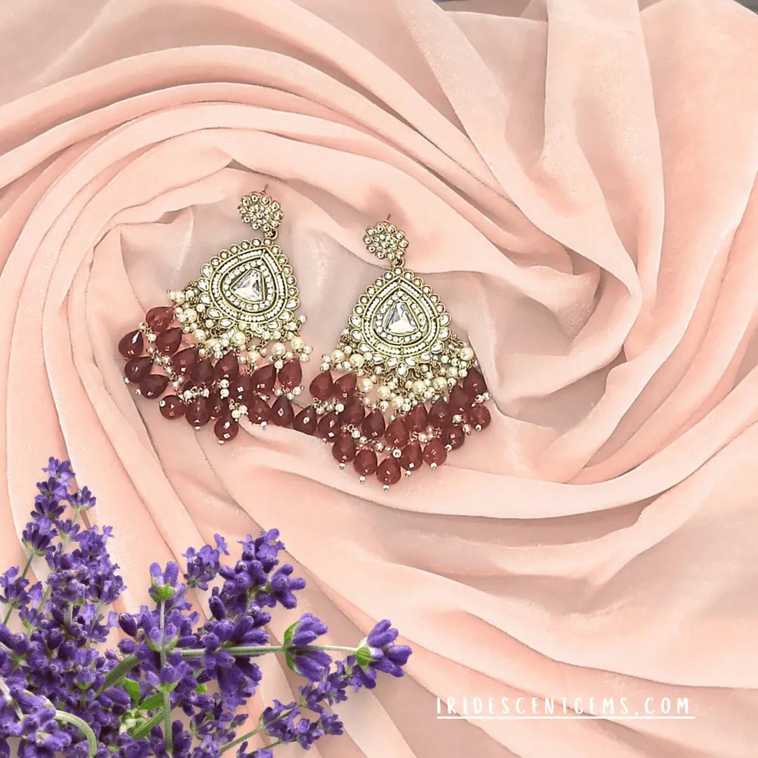Chandelier Earrings with Kundan – Pearl Drop Red Stone Gold Plated - Iridescent Gems