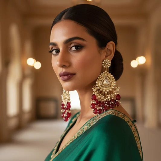 Chandelier Earrings with Kundan – Pearl Drop Red Stone Gold Plated - Iridescent Gems