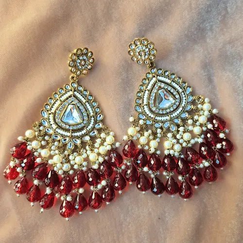 Chandelier Earrings with Kundan – Pearl Drop Red Stone Gold Plated - Iridescent Gems