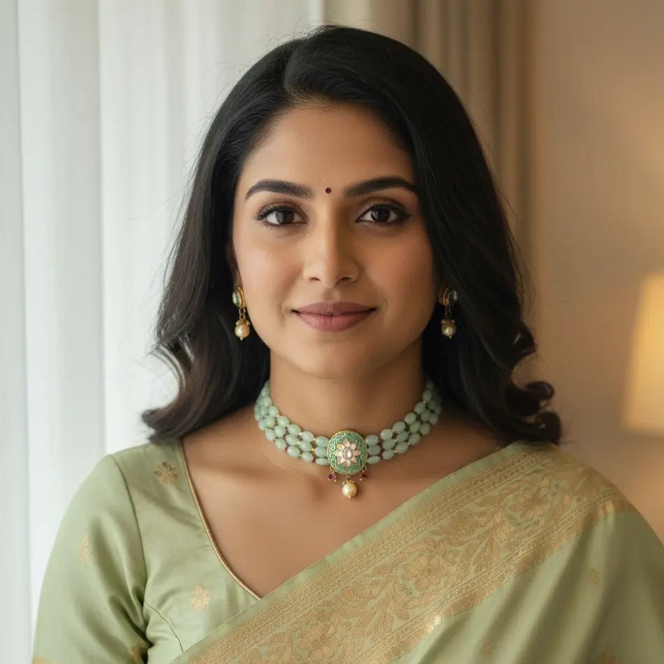 Choker Necklace Set – Traditional Multi - Strand Green Beads with Enamel Pendant - Iridescent Gems