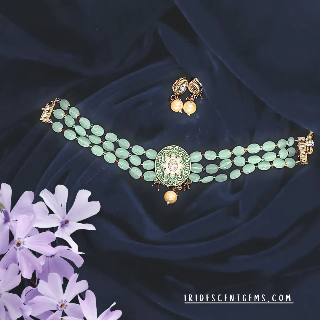 Choker Necklace Set – Traditional Multi - Strand Green Beads with Enamel Pendant - Iridescent Gems