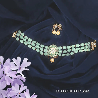 Choker Necklace Set – Traditional Multi - Strand Green Beads with Enamel Pendant - Iridescent Gems