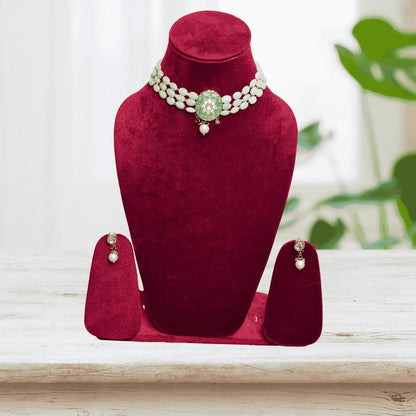 Choker Necklace Set – Traditional Multi - Strand Green Beads with Enamel Pendant - Iridescent Gems