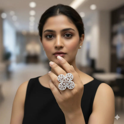 Cocktail Ring for Women – American Diamond Flower Petal Adjustable Statement - Iridescent Gems