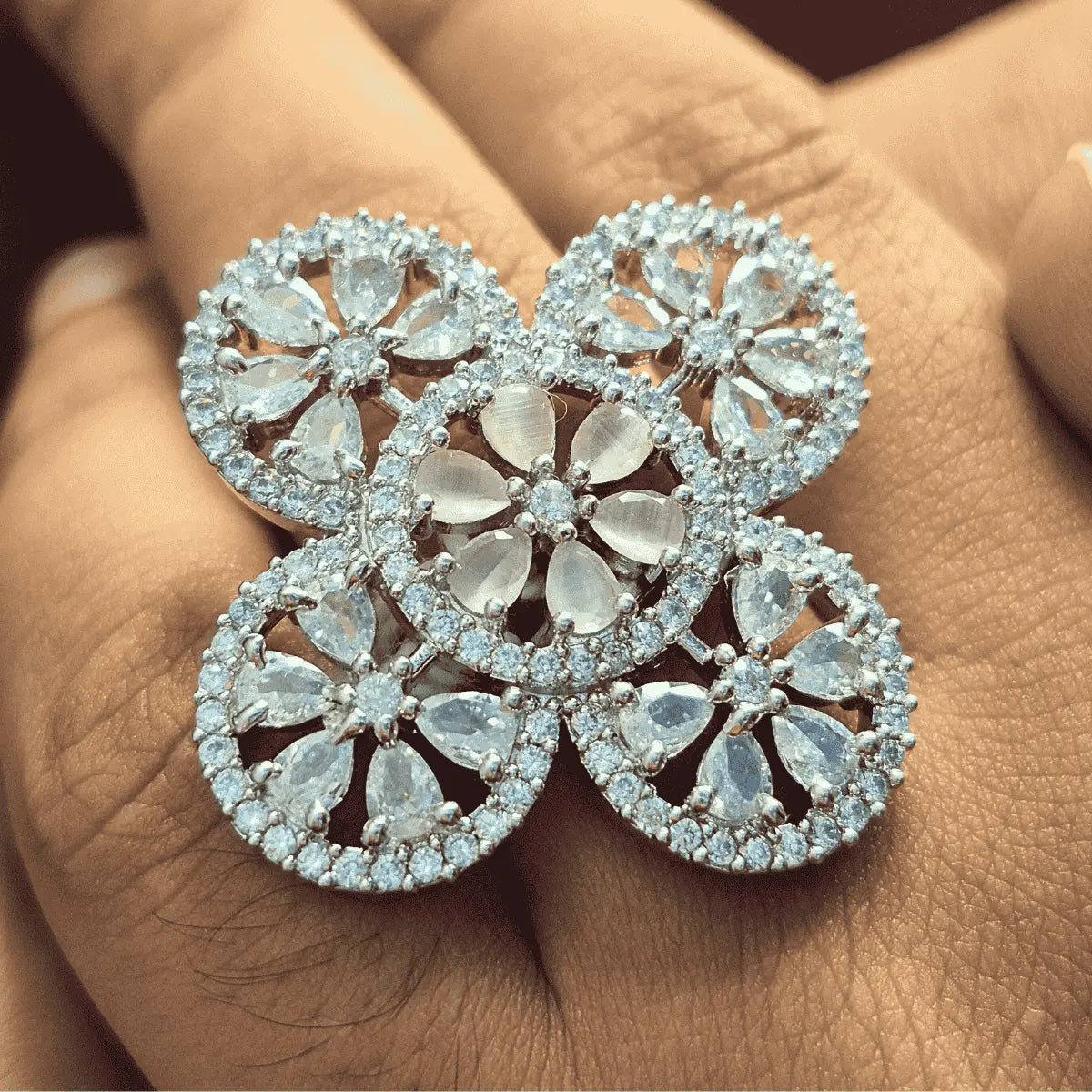 Cocktail Ring for Women – American Diamond Flower Petal Adjustable Statement - Iridescent Gems