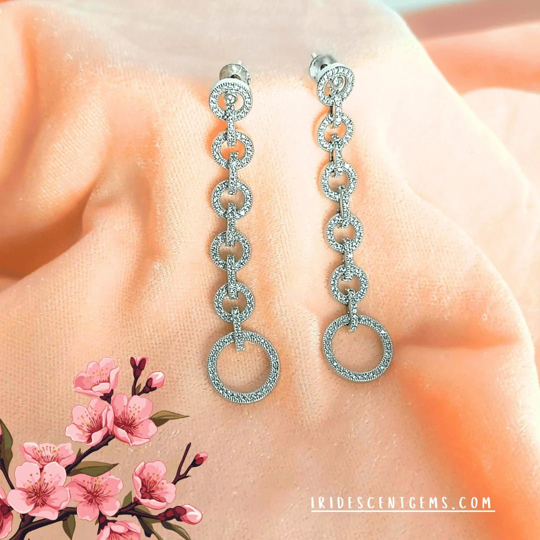 Drop Earrings for Women – Long Silver Dangle with Circle Design - Iridescent Gems