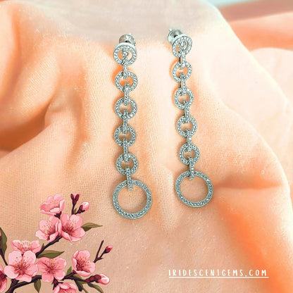 Drop Earrings for Women – Long Silver Dangle with Circle Design - Iridescent Gems