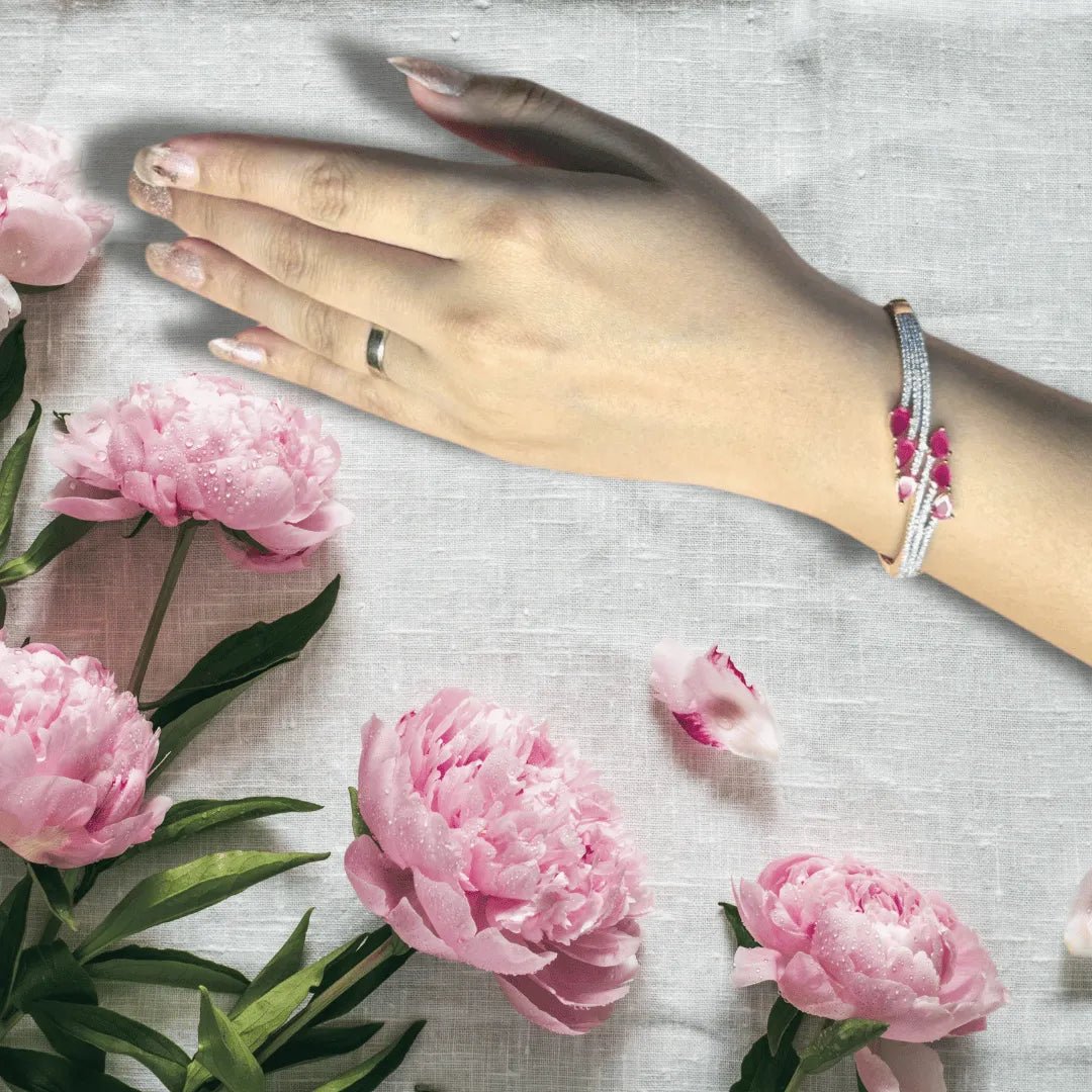 Gold Bracelet with Pink American Diamonds – Fixed Size for Women - Iridescent Gems