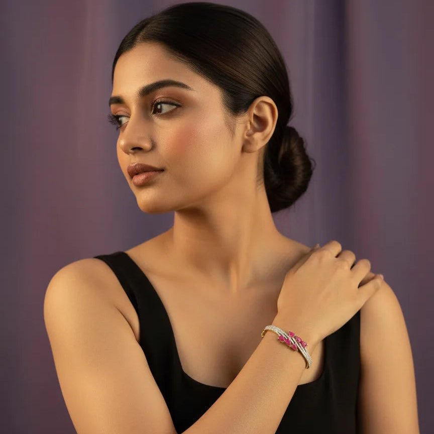 Gold Bracelet with Pink American Diamonds – Fixed Size for Women - Iridescent Gems