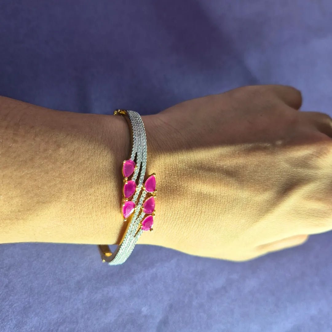 Gold Bracelet with Pink American Diamonds – Fixed Size for Women - Iridescent Gems