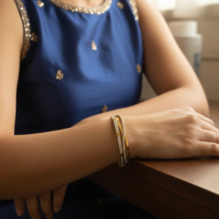 Gold - Plated American Diamond Bracelet | Oval Bangle for Women - Iridescent Gems