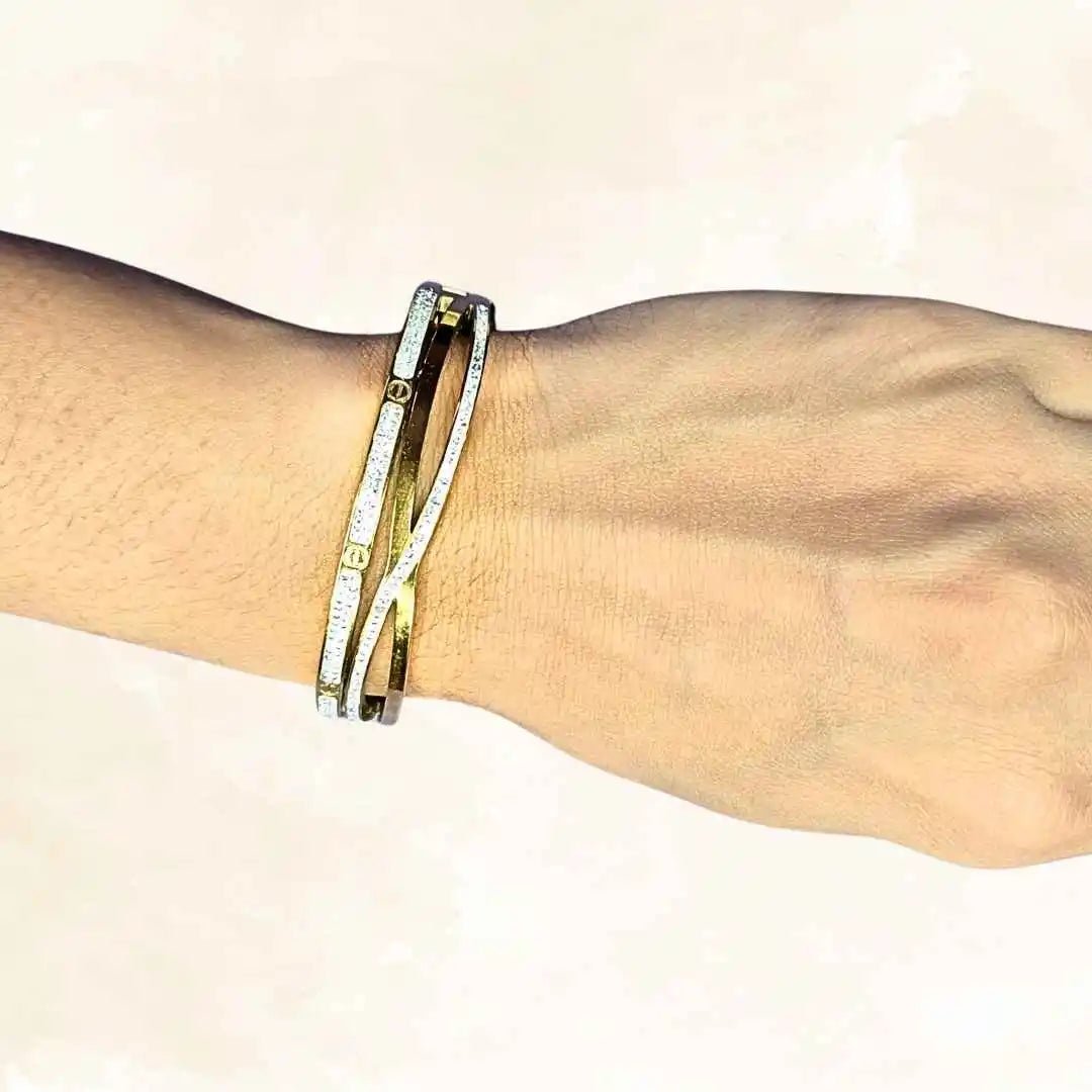 Gold - Plated American Diamond Bracelet | Oval Bangle for Women - Iridescent Gems