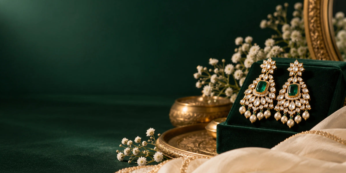 Green and gold jewellery set displayed on a dark emerald velvet backdrop with white flowers and gold accents