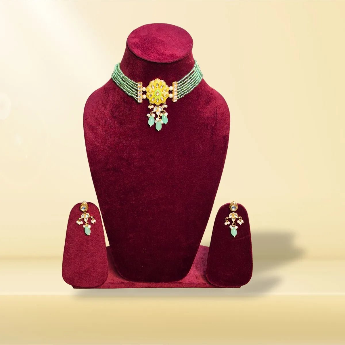 Green Moti Choker Set – Gold Pendant with Teal Accents - Iridescent Gems