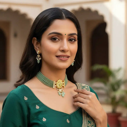 Green Moti Choker Set – Gold Pendant with Teal Accents - Iridescent Gems
