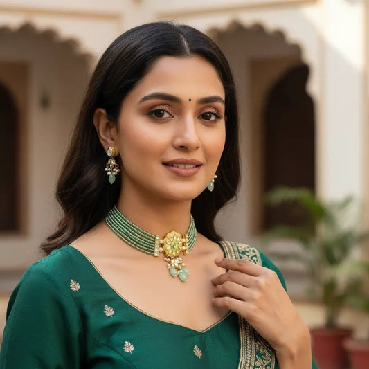 Green Moti Choker Set – Gold Pendant with Teal Accents - Iridescent Gems