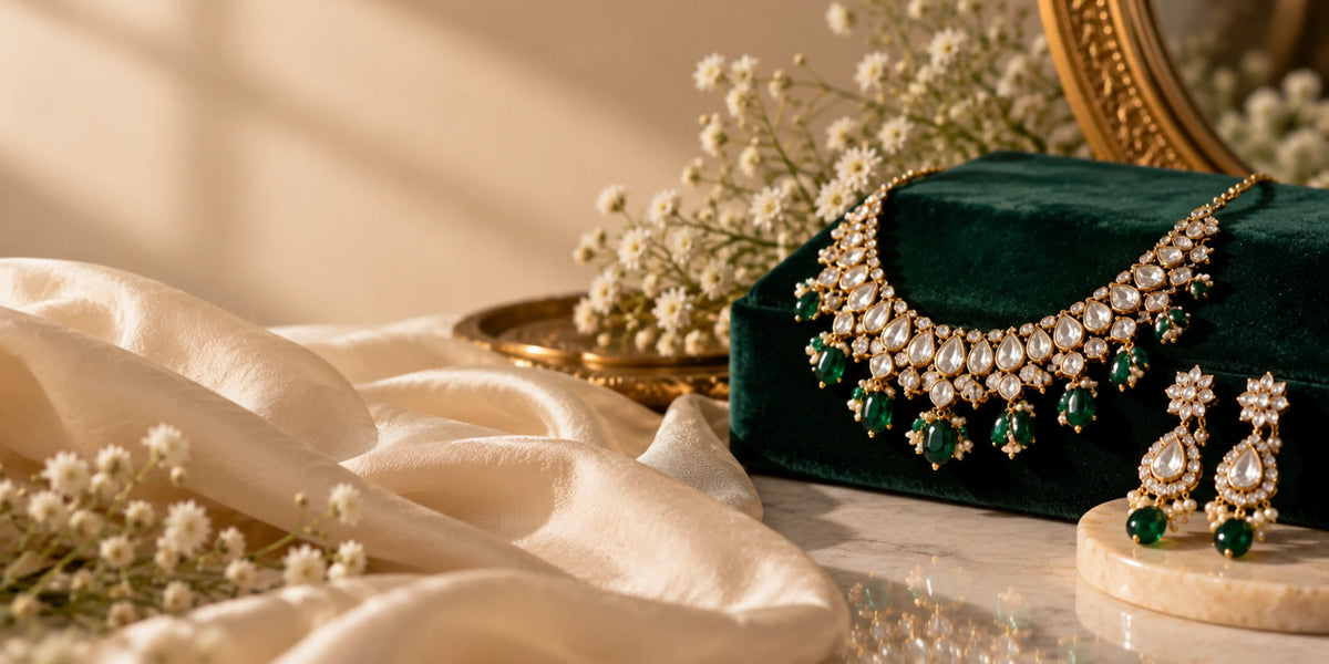 Gold necklace and matching earrings with green stones displayed on emerald velvet with cream fabric and white flowers