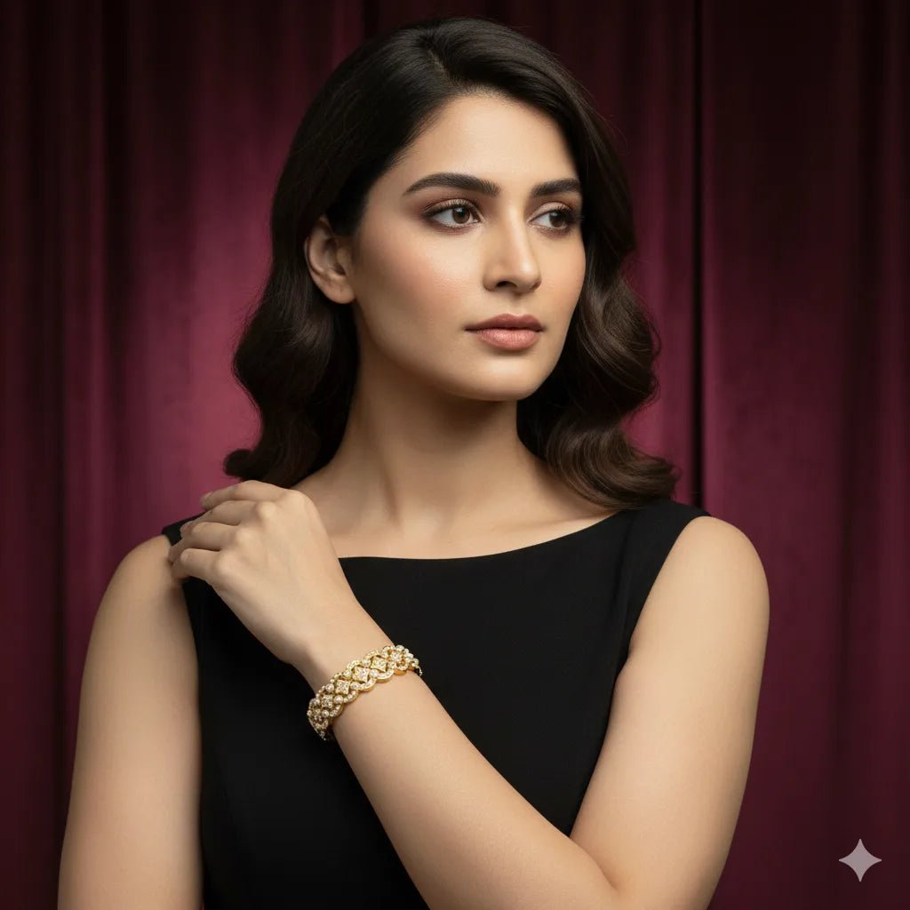 Jadau Bracelet Online | Gold Plated Pearl | Fixed Size Traditional - Iridescent Gems