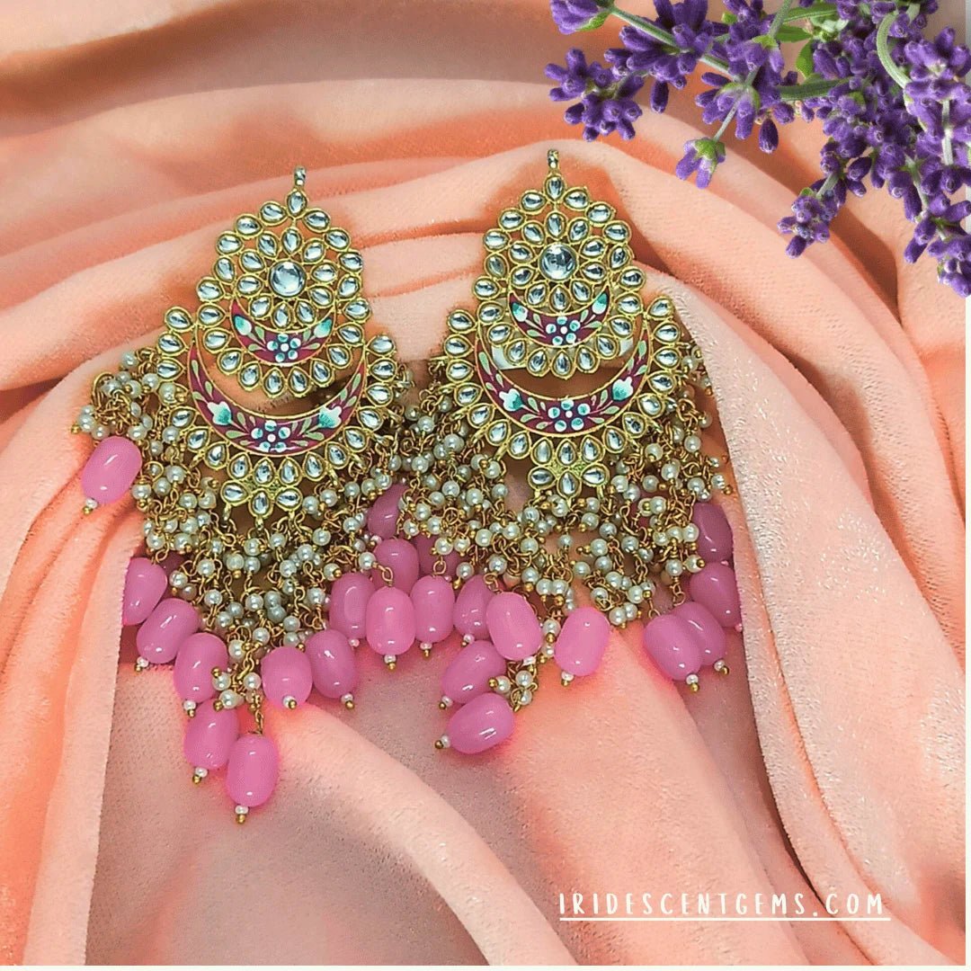 Kundan Chandelier Earrings Pink Beads Gold Plated Traditional - Iridescent Gems