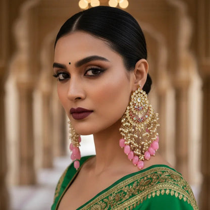 Kundan Chandelier Earrings Pink Beads Gold Plated Traditional - Iridescent Gems