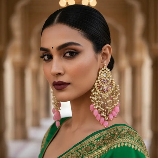 Kundan Chandelier Earrings Pink Beads Gold Plated Traditional - Iridescent Gems